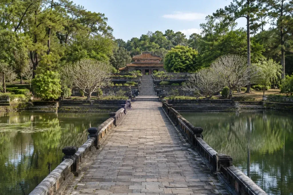 AI illustration: A formal garden path between ponds