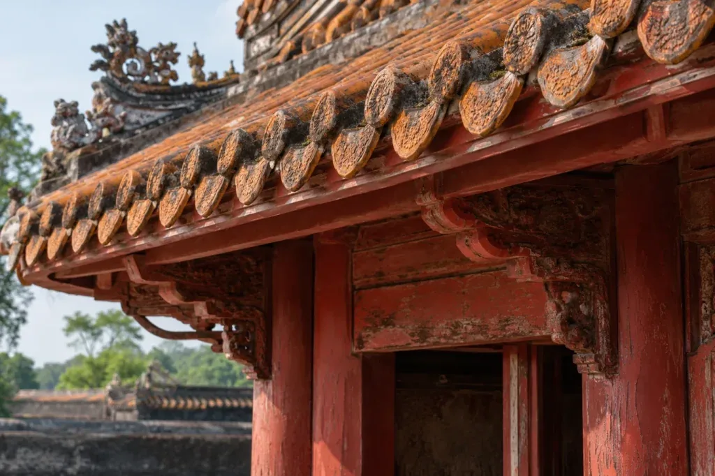 AI illustration: Clay roof tiles and red timber detail