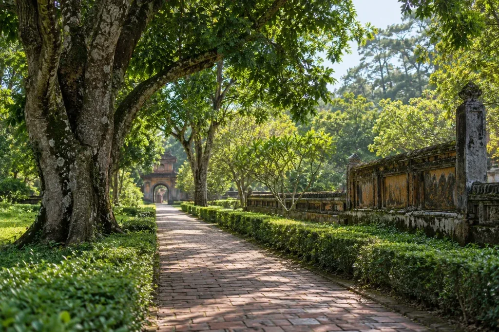 AI illustration: A shaded brick path through a memorial garden