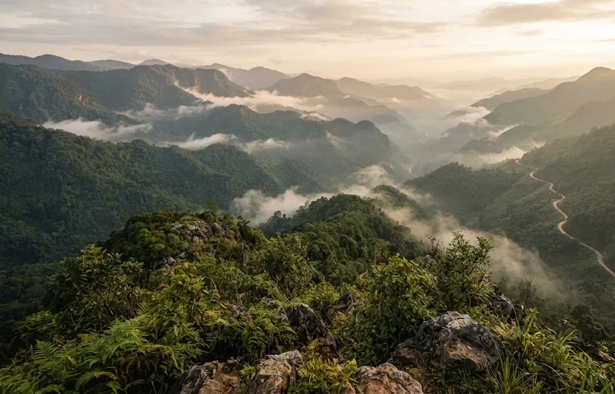 Misty forested ridges and a winding road seen from a high viewpoint at dawn