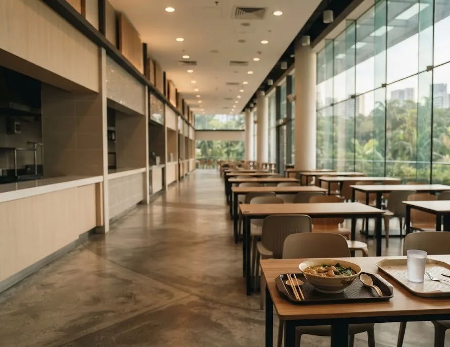 Clean mall food court with a bowl of noodles on a tray