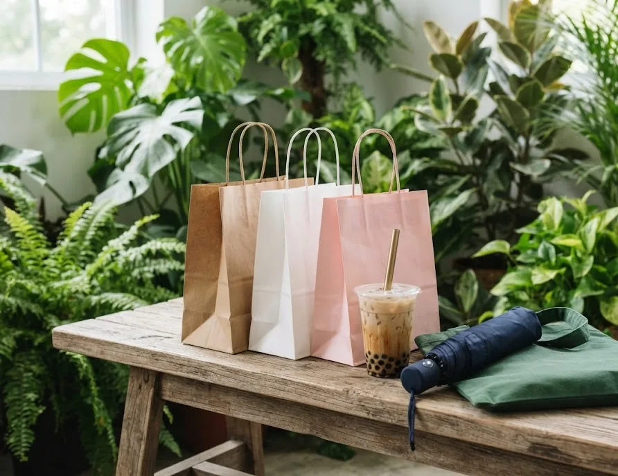 Plain paper shopping bags, bubble tea and an umbrella on a wooden bench