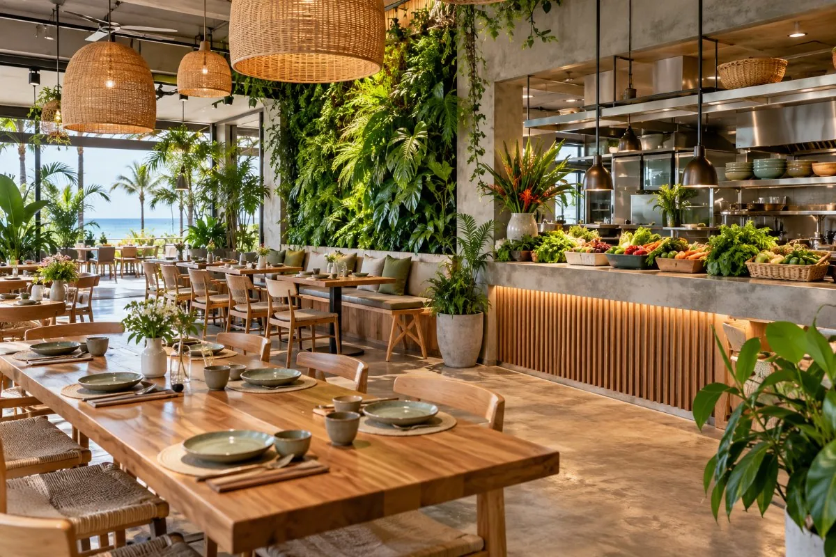 Vegan restaurant with a living green wall, wooden tables and an open kitchen counter
