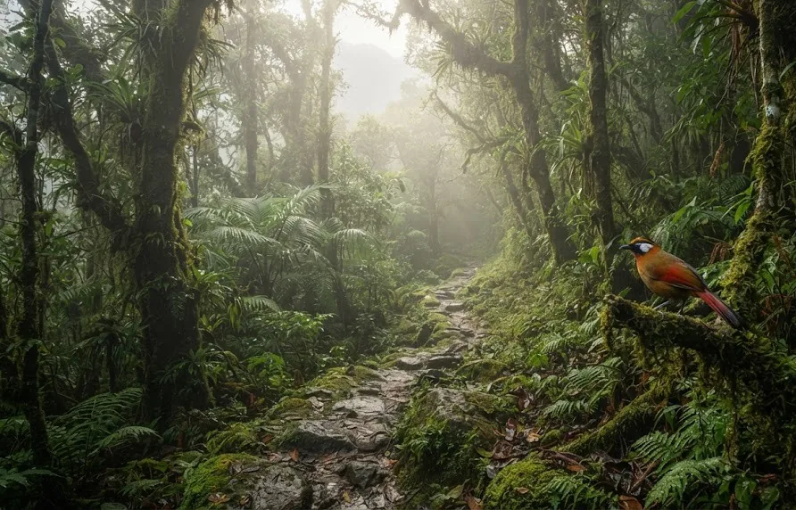 Misty mossy rainforest trail with a colorful bird perched on a branch