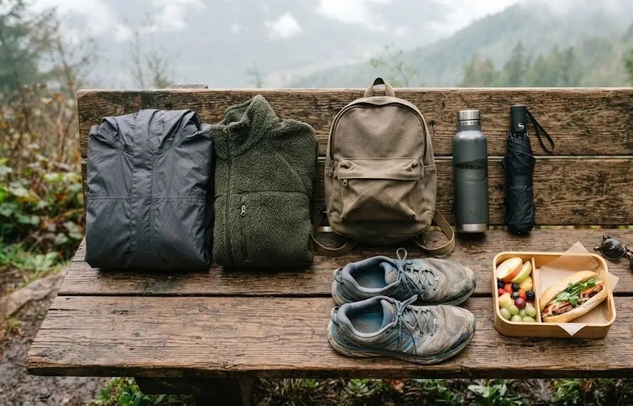 Rain jacket, fleece, backpack, water bottle, umbrella, sneakers and a snack box on a bench