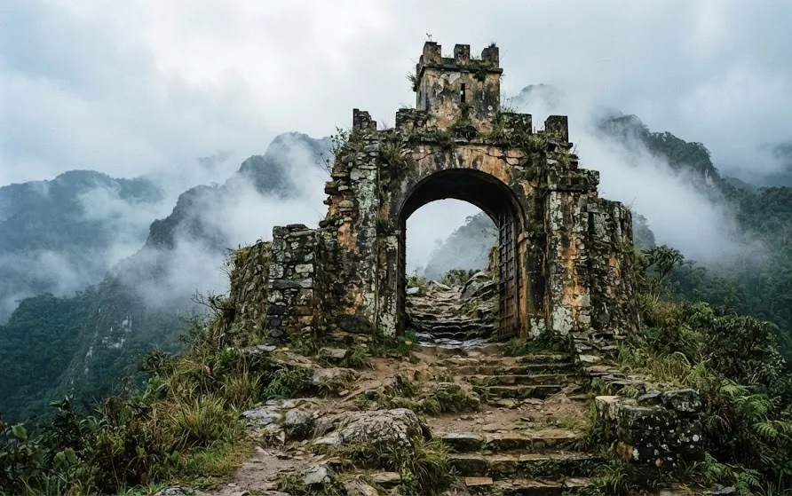Weathered stone gateway with a ruined watchtower standing in thick mist at a mountain pass