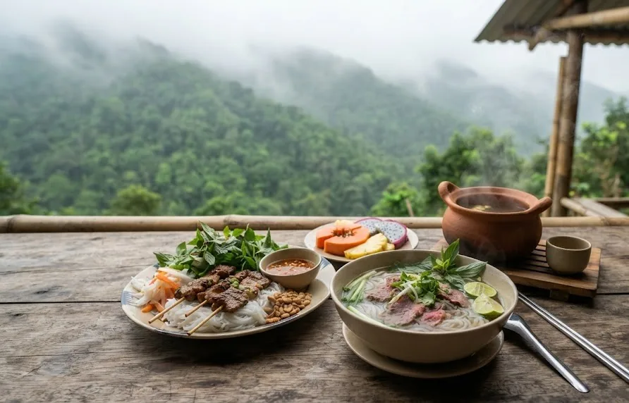 Noodle soup, grilled pork skewers with vermicelli, fruit and a clay teapot facing misty hills