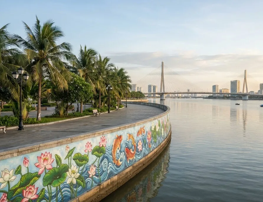 Riverside promenade wall painted with lotus and koi below a cable-stayed bridge