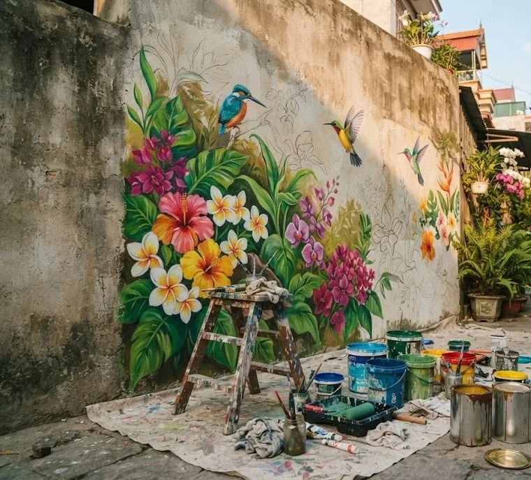 Half-finished tropical flower mural with a ladder, brushes and paint tins
