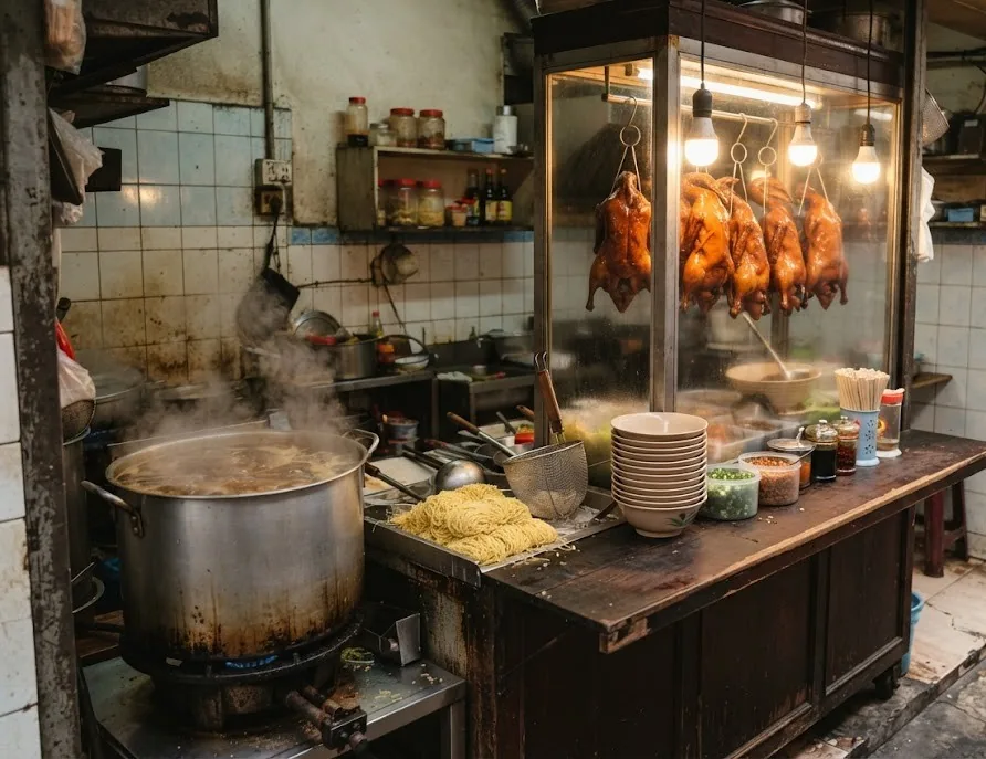 Old-style noodle stall counter with a big stock pot and hanging braised ducks