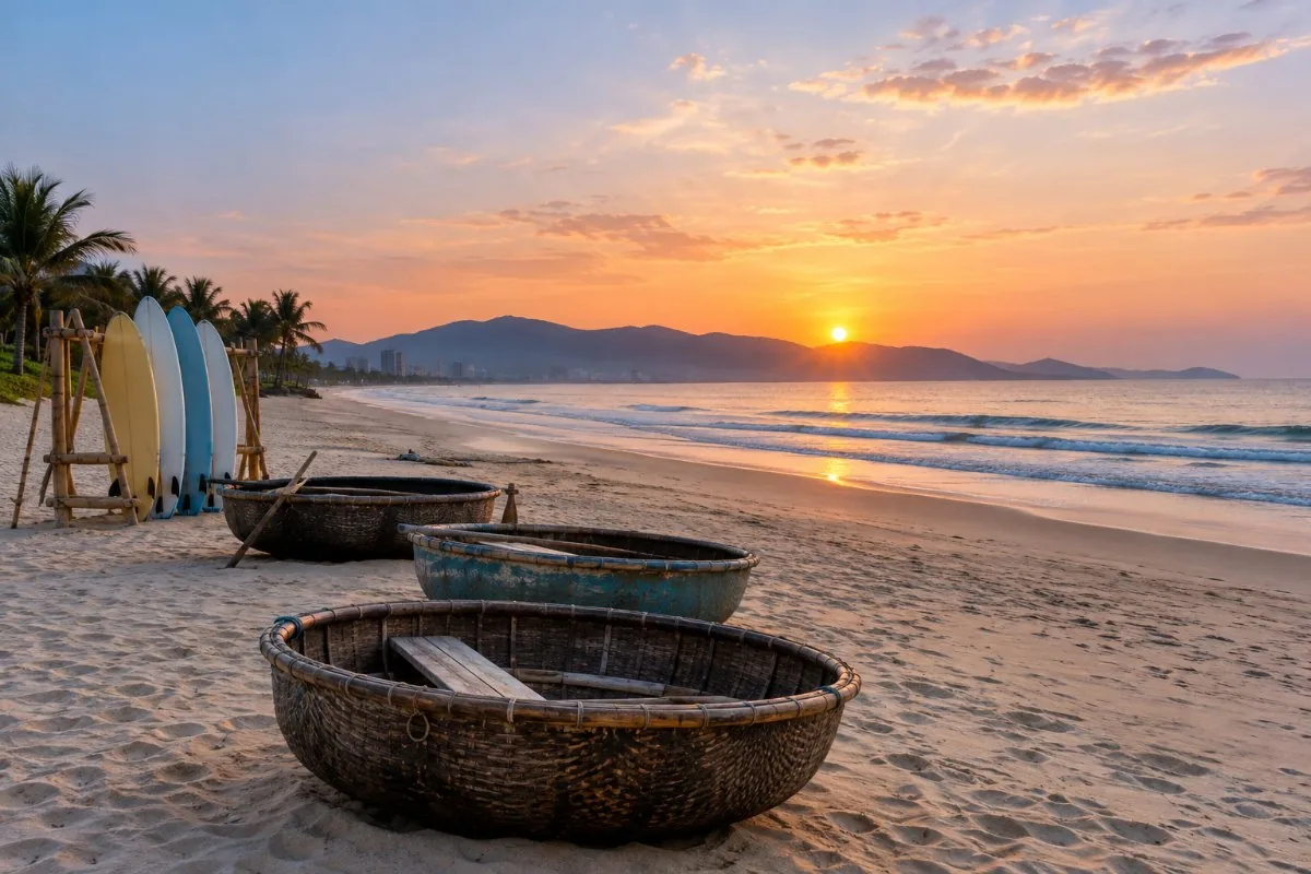 Round basket boats and rental surfboards on the sand at sunrise