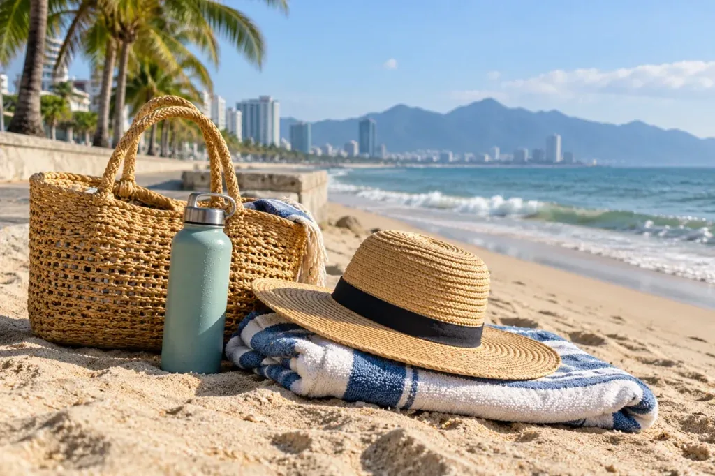 AI illustration of a beach bag, hat, towel and drinking water