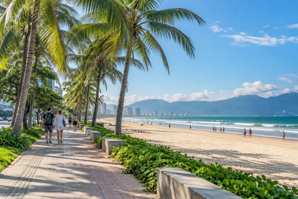 AI illustration of a palm-lined beachfront promenade