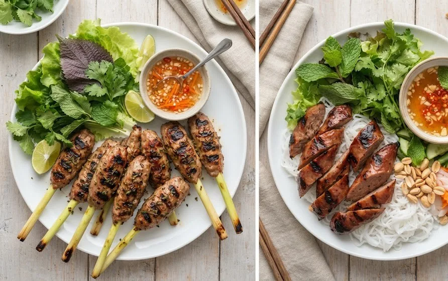 Two plates side by side: pork skewers on lemongrass stalks and grilled pork sausage with vermicelli