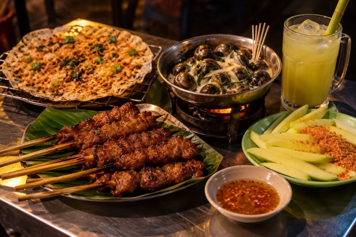 Grilled pork skewers, snails in coconut sauce, grilled rice paper, green mango and sugarcane juice