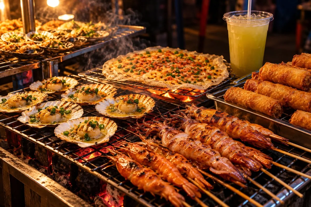 Grilled seafood skewers, scallops, rice paper pizza, spring rolls and sugarcane juice