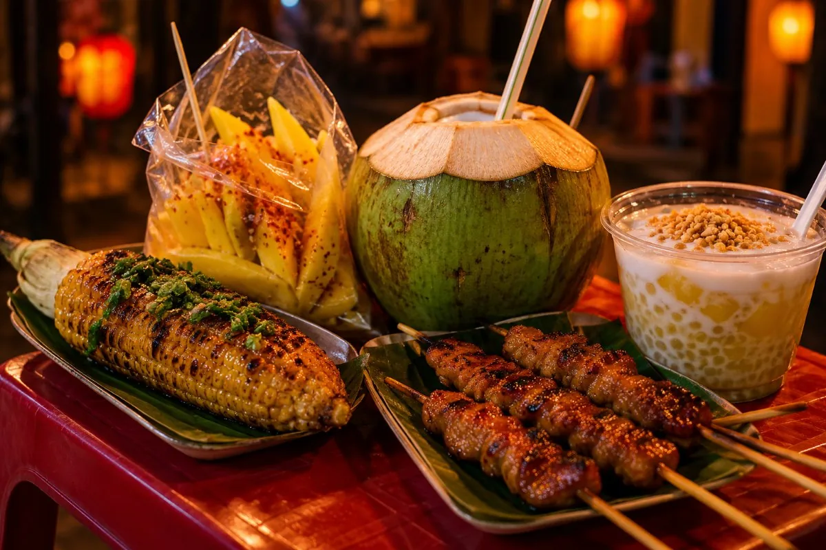 Grilled corn, chili mango, fresh coconut, pork skewers and tapioca pudding on a table