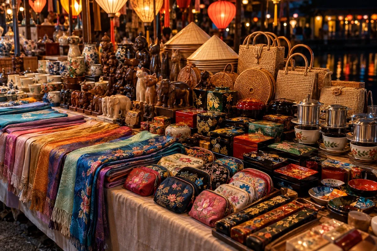 Silk scarves, embroidered purses, lacquer boxes, carvings, rattan bags and coffee filters