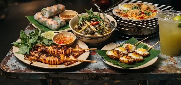 Grilled squid, snails, summer rolls, quail eggs, grilled rice paper and sugarcane juice