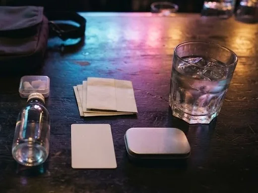 Crossbody bag, water bottle, earplugs, key card, mints tin and iced water on a bar counter