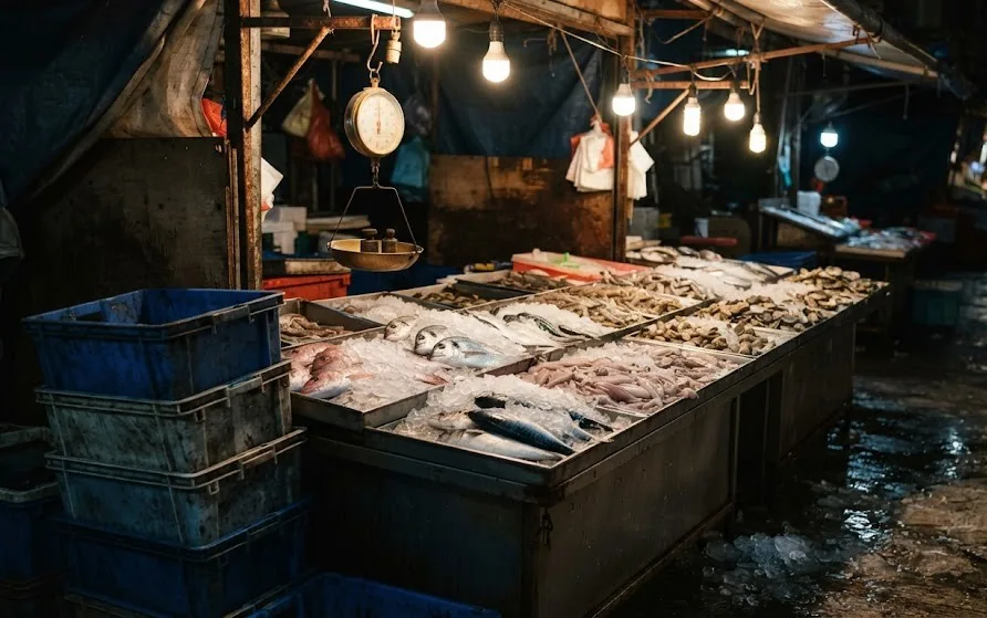 Seafood market stall at night with fish, squid and clams on crushed ice under bare hanging bulbs