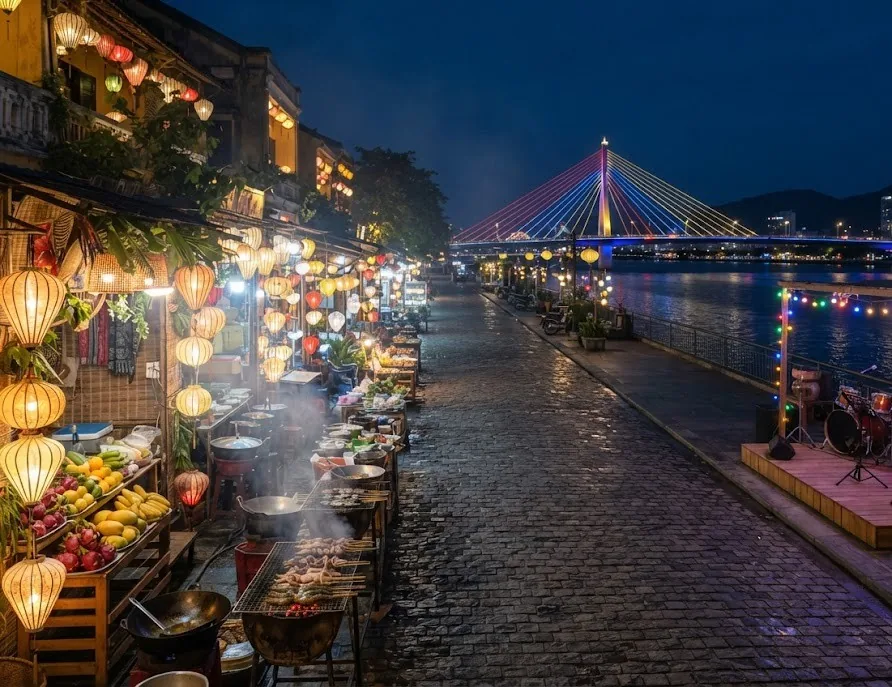 Riverside night market with lanterns, grilled seafood and a small music stage