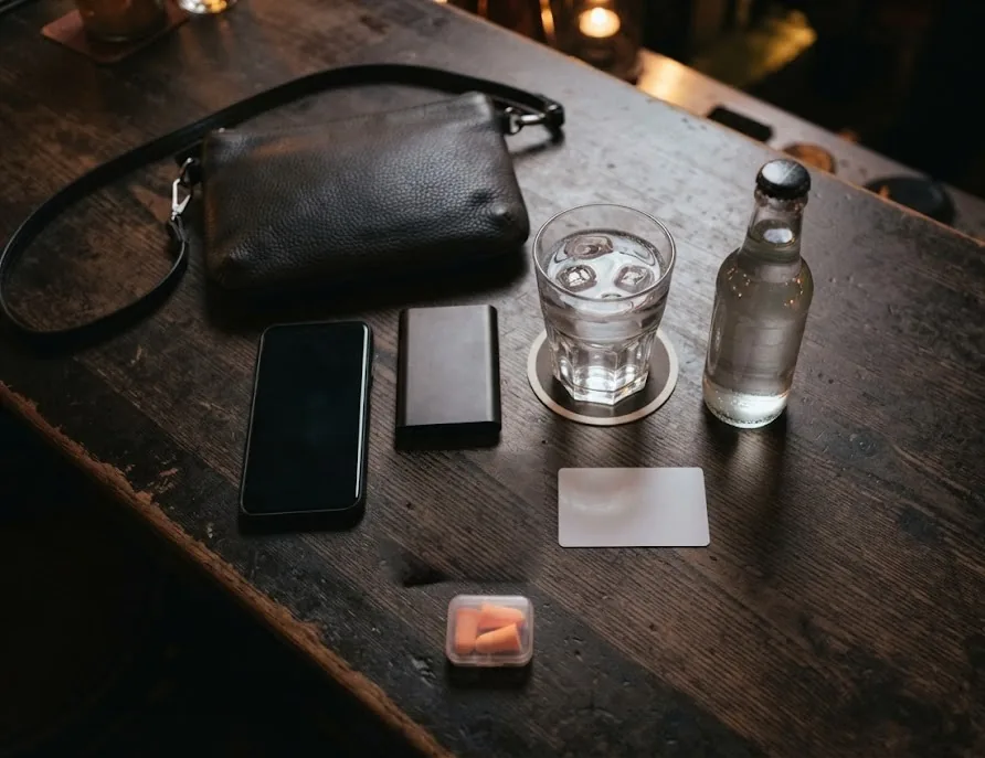 Safe night out essentials: phone, power bank, water, key card and earplugs