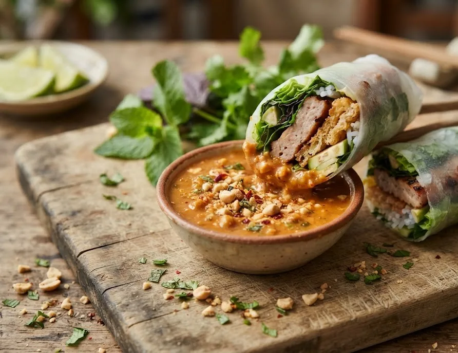 Rice paper roll with grilled pork sausage dipped in peanut sauce