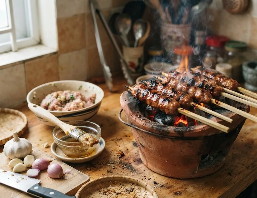 Homemade pork skewers grilling on a clay charcoal stove