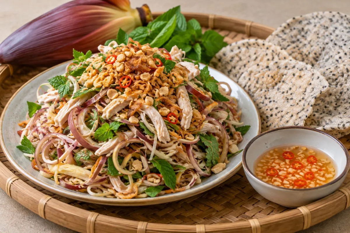 Banana flower salad with chicken, herbs, peanuts, fried shallots, dressing and sesame crackers