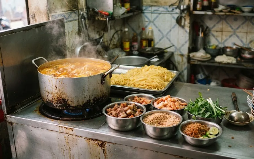 Noodle shop counter with a simmering pot of orange broth, a tray of yellow noodles and bowls of toppings