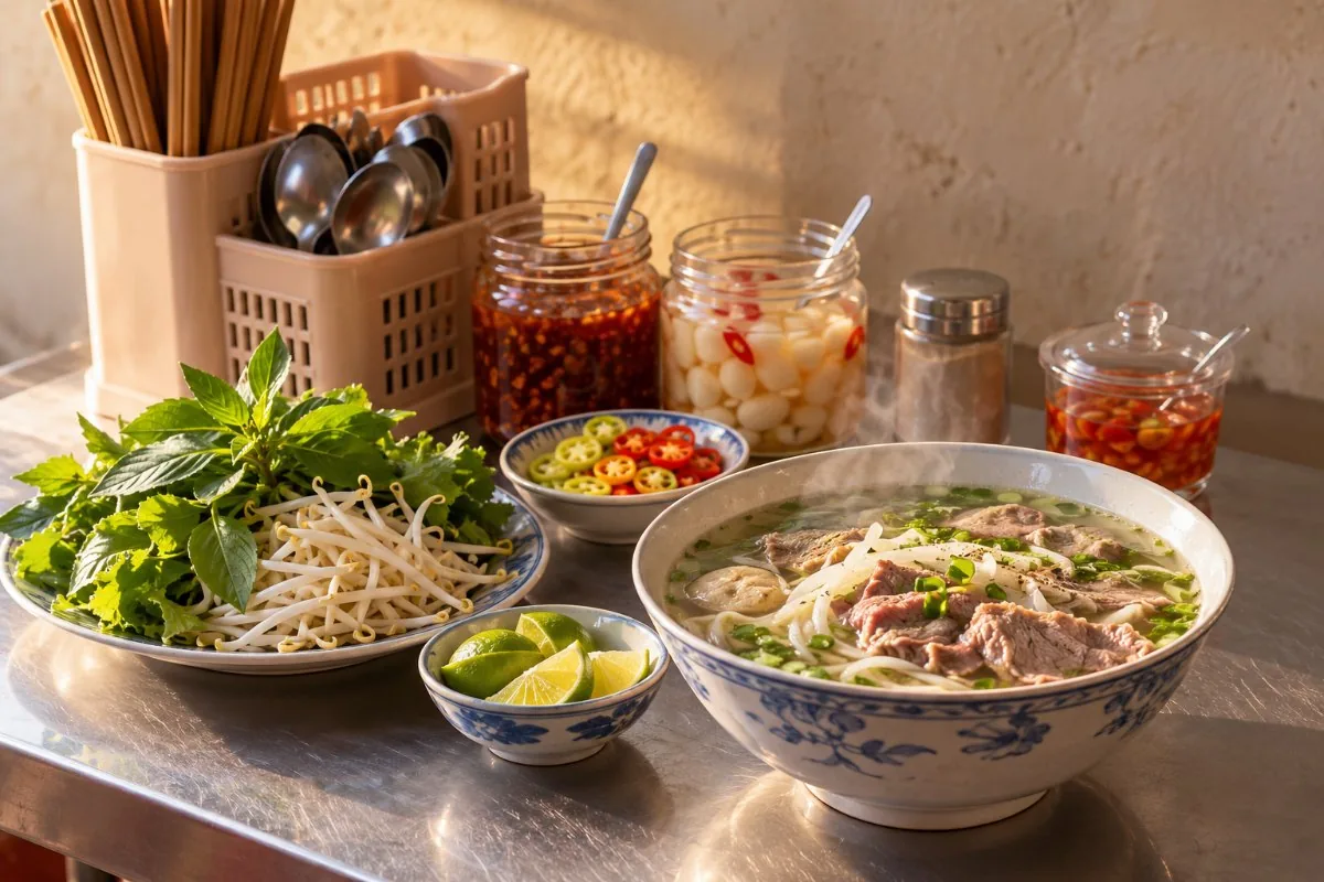 Noodle shop table with chili sauce, pickled garlic, lime, herbs and a bowl of beef noodle soup