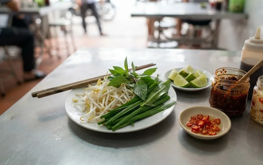 Plate of bean sprouts, chives and herbs with lime wedges, sliced chilli and chilli paste jars