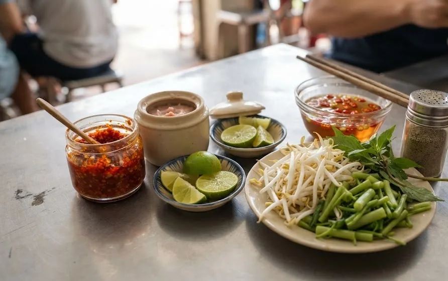 Jar of chilli garlic paste, shrimp paste, lime wedges, bean sprouts and fish sauce on a steel table