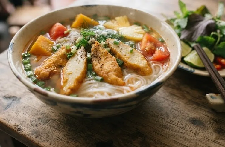 Bowl of fish cake noodle soup with pumpkin, tomato, pineapple and dill