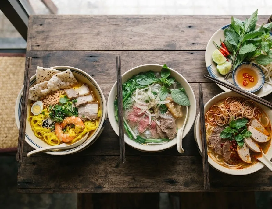 Mi quang, beef pho and bun bo noodle soups side by side with herbs and chopsticks