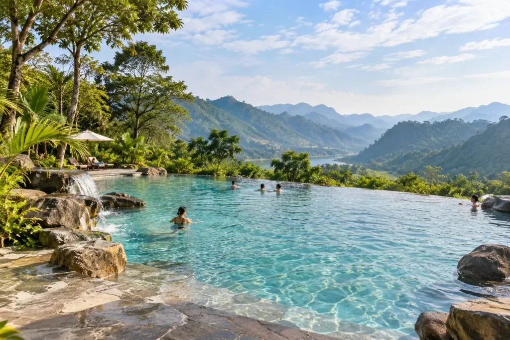 AI illustration: A general tropical leisure-pool setting, not a verified park facility