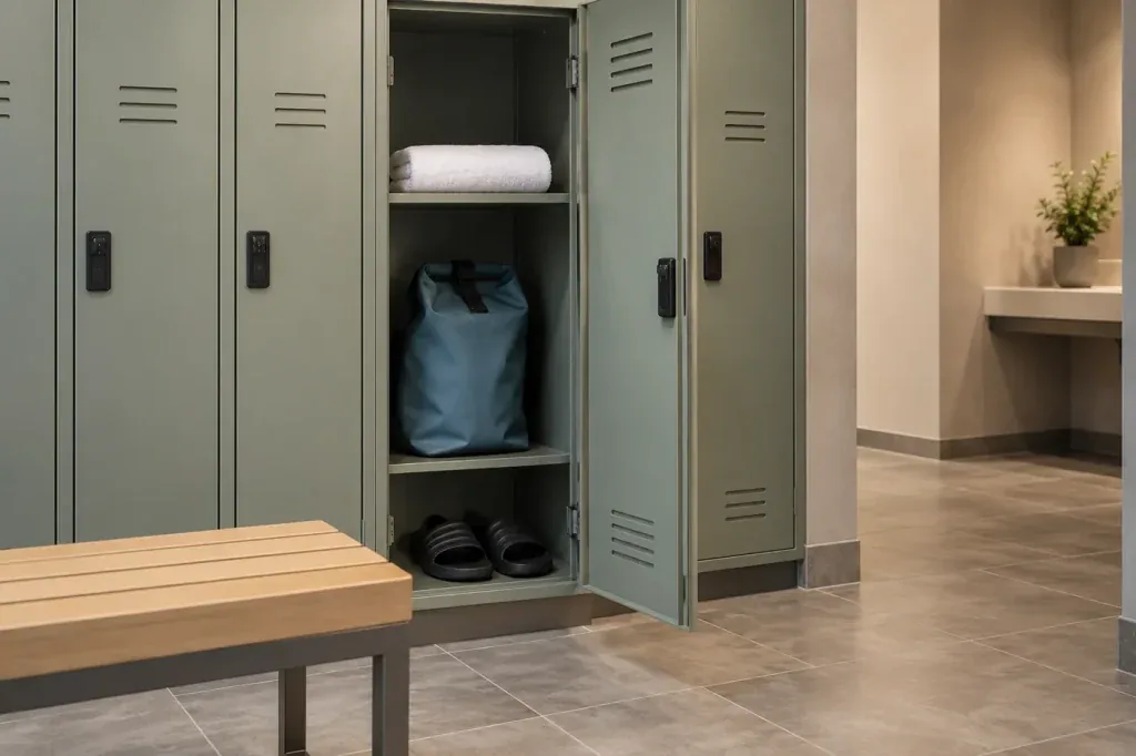 AI illustration: A generic changing-room locker with dry belongings