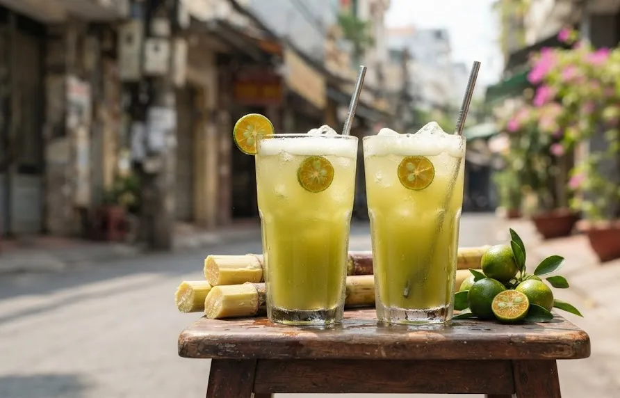 Two glasses of iced sugarcane juice with calamansi beside cut sugarcane and kumquats