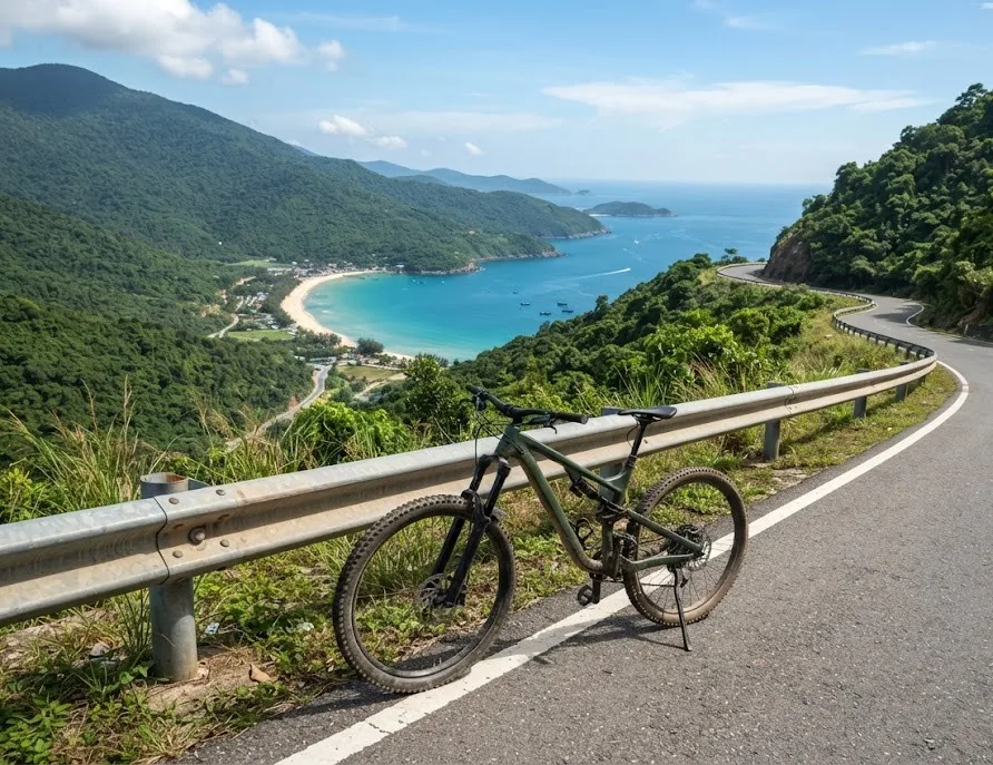 Mountain bike parked on a winding coastal road above a turquoise bay