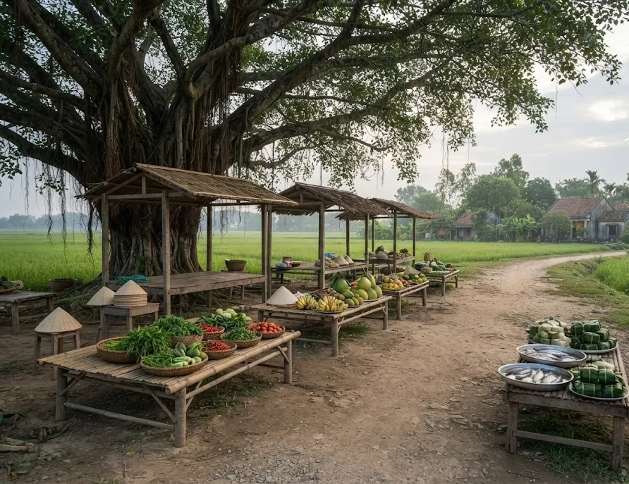 Rural village market stalls under a giant banyan tree beside rice fields