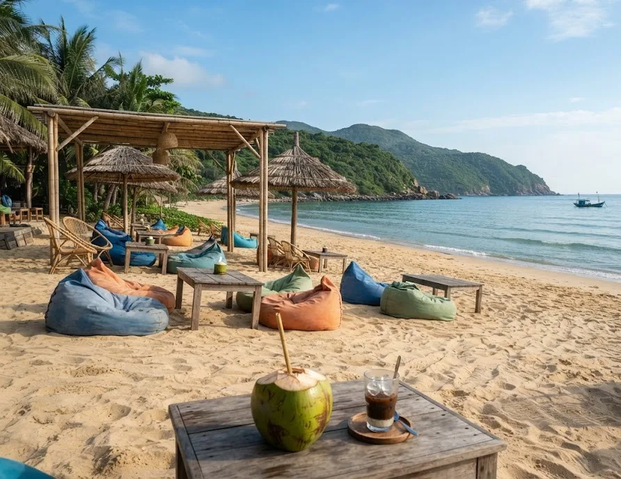 Beachfront cafe with bean bags, thatched umbrellas and a fresh coconut