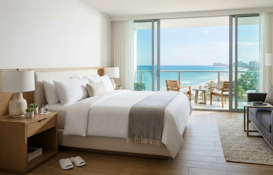 Bright hotel room with king bed and balcony overlooking a turquoise sea and beach