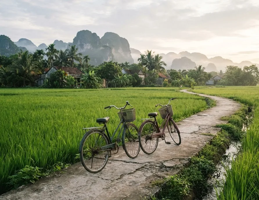 Two bicycles on a path through green rice paddies with a village and mountains behind