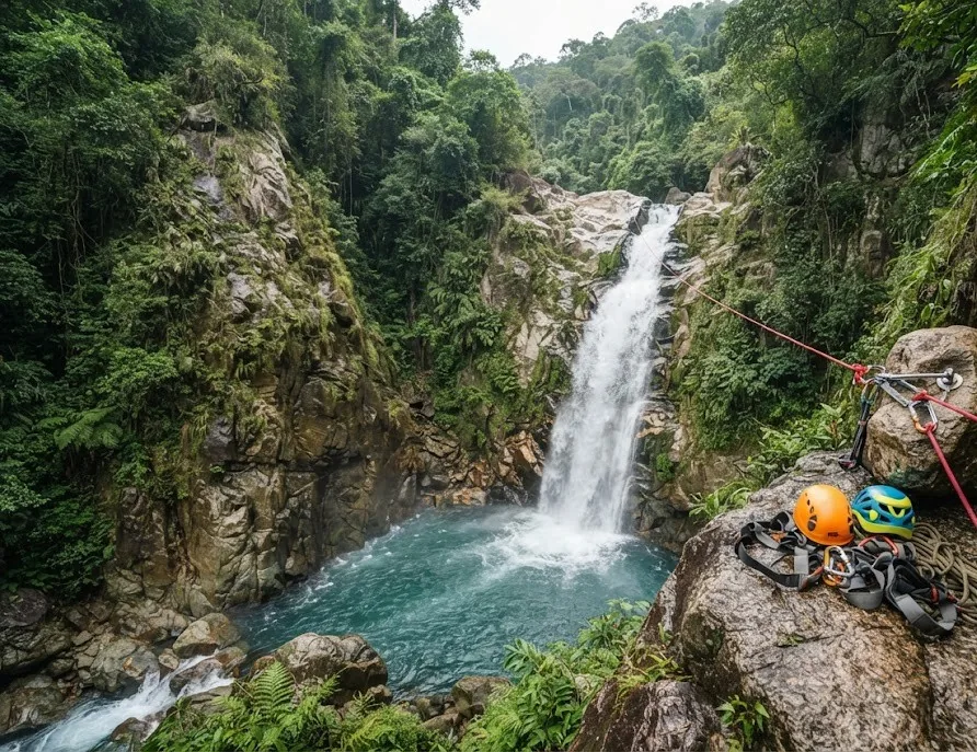 Waterfall gorge with canyoning ropes, helmets and harnesses on a rock