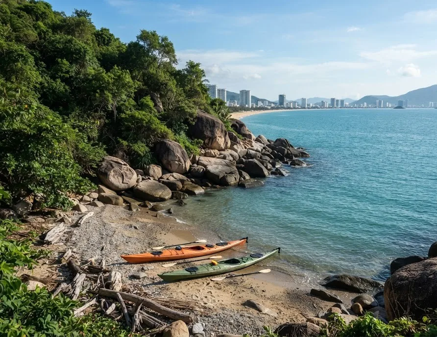 Sea kayaks on a granite boulder cove below a forested peninsula facing the city beach
