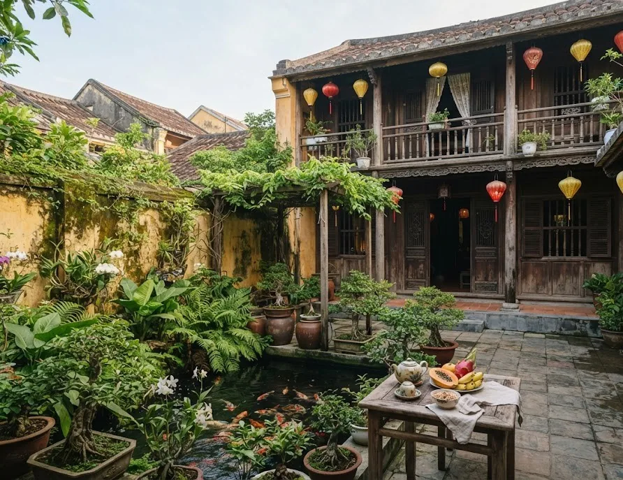 Guesthouse courtyard with a koi pond, bonsai, lanterns and a breakfast table