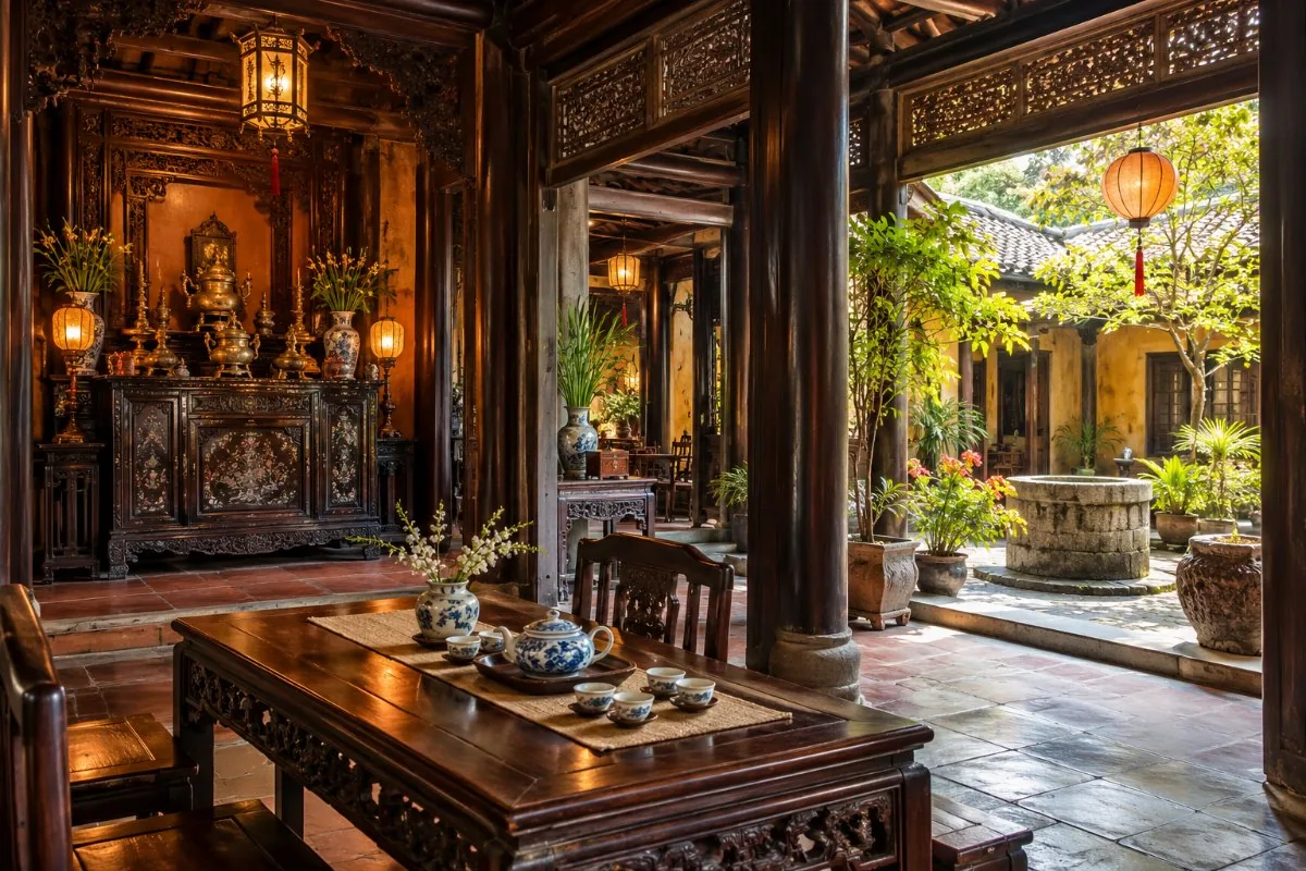 Carved wooden merchant house with an altar cabinet, tea set, lanterns and a courtyard well