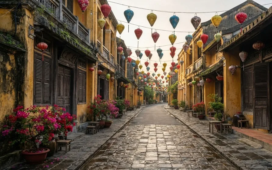 Empty old town lane of ochre-yellow shophouses hung with colourful silk lanterns in morning light
