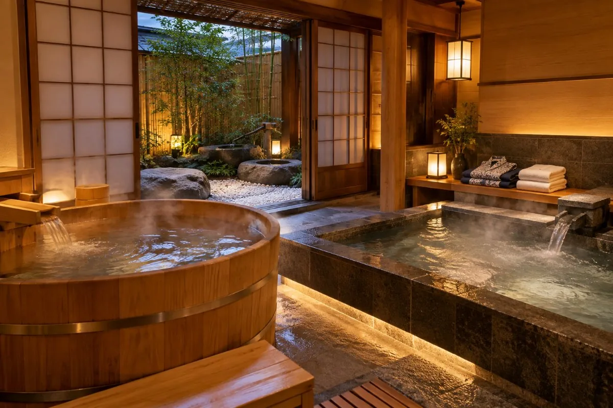 Wooden soaking tub and stone bath beside shoji doors and a small bamboo garden